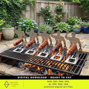 May include: A barbecue grill with five metal sausage holders shaped like muscular men, each holding a grilled sausage. The grill is over a fire pit with burning wood. The image includes the text "DIGITAL DOWNLOAD - READY TO CUT".