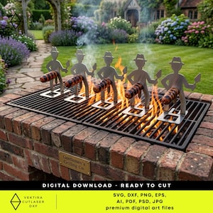 May include: A metal grilling grate with five metal figures holding grilled sausages. The figures are on a brick base with the text "Gentlemen's Grilling Co." and "DIGITAL DOWNLOAD - READY TO CUT". The background shows a garden.