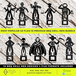 Può includere: Una collezione digitale di 10 sagome nere per utensili da barbecue, raffiguranti un mago, un calciatore, uno zombie, uno chef, un astronauta, una figura classica, un alieno, un vampiro, un contadino e un cavallo, con etichette e formati.