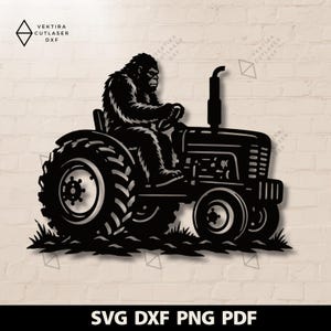 May include: A black silhouette design featuring a Sasquatch driving a tractor. The graphic includes the text Vektira Cutlaser DXF in the top left corner and SVG DXF PNG PDF at the bottom. The design shows a large creature on a farm vehicle.