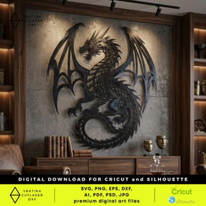 Majestätisk drake väggkonst SVG | Fantasy Gothic laserskuren fil (digital nedladdning)
