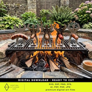 May include: A metal barbecue grill with five stylized figures holding sausages. The grill sits above a brick fire pit with burning wood. The image includes the text "DIGITAL DOWNLOAD - READY TO CUT" and "VEKTIRA CUTLASER DXF".