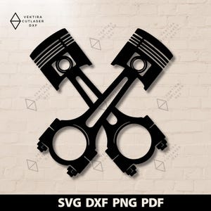 Może przedstawiać: Czarna grafika sylwetkowa przedstawiająca dwa skrzyżowane tłoki silnika. Projekt zawiera tekst Vektira Cutlaser DXF w lewym górnym rogu oraz tekst SVG DXF PNG PDF na dole. Obraz zawiera powtarzający się wzór znaku wodnego.