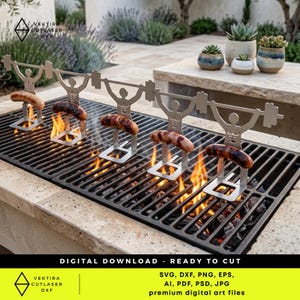 May include: A metal barbecue grill with four sausage holders shaped like weightlifters, each holding a sausage. The grill is over hot coals with flames. The image includes the text "DIGITAL DOWNLOAD - READY TO CUT".
