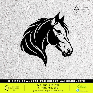 May include: A black and white digital art file of a horse's head, a design for Cricut and Silhouette machines. The horse's head is in profile, with detailed lines defining the mane, eye, and muzzle. The image includes the text "DIGITAL DOWNLOAD FOR CRICUT AND SILHOUETTE".