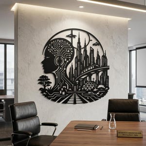May include: A black circular wall art piece featuring a silhouette of a human head with circuit board patterns, integrated into a futuristic cityscape with skyscrapers, a monorail, a domed structure, and flying vehicles against a circular frame.