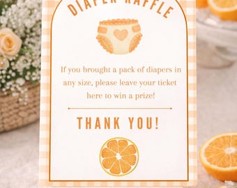 A Little Cutie Is On The Way | Diaper Raffle Sign & Cards, Orange Citrus Baby Shower, Printable Gender Neutral Baby Shower Game