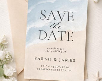 Coastal Save the Date Template | Beach Wedding Invitation | Ocean Watercolor Design (Digital Download)