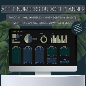 May include: A computer monitor displays an Apple Numbers budget planner. The screen shows charts and tables for tracking income, expenses, savings, debt, and investments. Text on the screen reads "APPLE NUMBERS BUDGET PLANNER" and "TRACK INCOME, EXPENSES, SAVINGS, DEBT, INVESTMENTS."