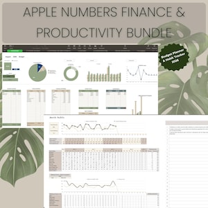 以下が含まれることがあります： Apple Numbers用のデジタルファイナンスと生産性バンドル。画像には、予算編成、収入、支出、習慣追跡のためのグラフと表を含むスプレッドシートが表示されています。テキストには「Budget Planner & Habit Tracker 2026」が含まれています。