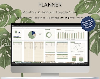 May include: A computer monitor displays an Excel and Google Sheets budget planner. The screen shows a monthly and annual toggle view, tracking income, expenses, savings, debt, and investments. The template is customizable with an interactive dashboard.