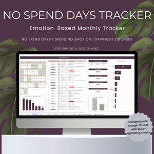 May include: A computer monitor displays a "No Spend Days Tracker" spreadsheet. The screen shows a monthly tracker with sections for spending, savings, and expenses. Text includes "Emotion-Based Monthly Tracker" and "Customizable Google Sheets with auto-updating charts."
