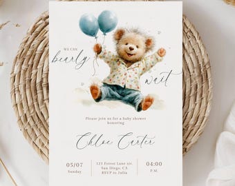 We can bearly wait baby shower invitation, Boy Boho Teddy Bear Invite, Editable Canva Template