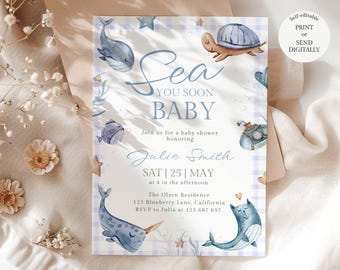 Sea You Soon Baby Shower Invitation, Editable Under the Sea Baby Shower Invite, Canva Template