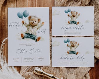 We Can Bearly Wait Baby Shower Invitation Set, Boho Teddy Bear Bundle, Editable Boho Bear Invite