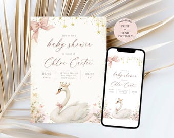 Editable Swan Princess Baby Shower Invitation, Pink Floral Swan Invite, Instant Download