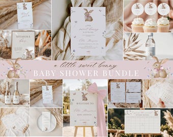 A Little Sweet Bunny Baby Shower Bundle, Coquette Floral Somebunny Is On The Way Invitation, Baby Shower Games Pack, Editable Template