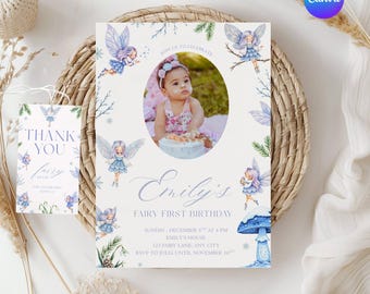 May include: A fairy-themed first birthday invitation and thank you card set. The invitation features a photo of a baby, fairy illustrations, and the text "Emily's Fairy First Birthday". The thank you card says "Thank You Fairy".