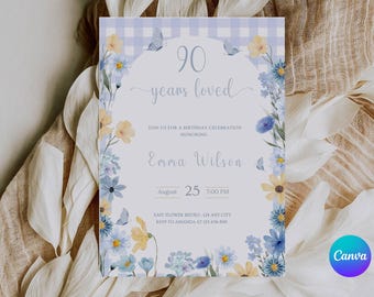 90th birthday invitation Floral 90 Years Loved Birthday Invitation Template Wildflower 90th Birthday invite Editable Template