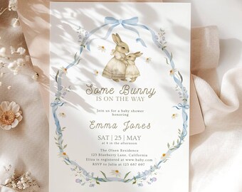 Some bunny is on the way baby shower invitation, Floral Bunny Baby Shower invite, Editable Canva Template