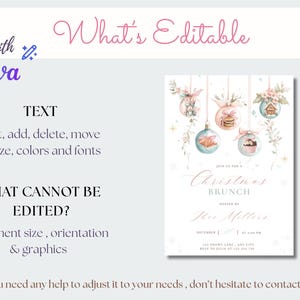 K&ouml;nnte beinhalten: Eine digitale Einladungsvorlage f&uuml;r einen Weihnachtsbrunch mit Aquarellillustrationen von h&auml;ngenden Ornamenten mit festlichen Details. Der Text lautet "Christmas Brunch" und enth&auml;lt editierbare Textfelder f&uuml;r Veranstaltungsdetails. Das Canva-Logo ist sichtbar.