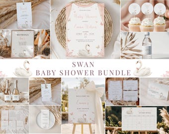 Pink Swan Baby Shower Bundle, Editable Invitation Games Decor (Digital Download)
