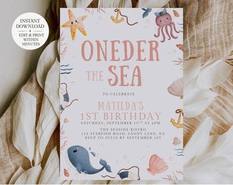 Oneder the Sea Birthday Invitation, Editable Under the Sea 1st Birthday Invite,  Nautical Ocean Kids Party Template
