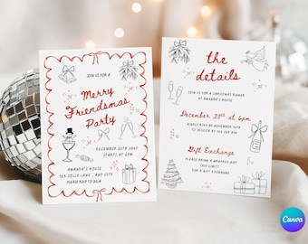 May include: Two white invitation cards with red and black illustrations and text. The left card says "Merry Friendsmas Party" with event details. The right card says "the details" with Christmas dinner information.
