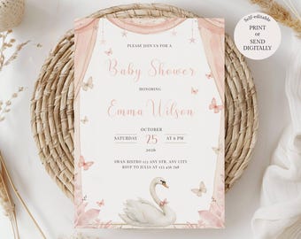 Puede incluir: Una invitación para baby shower con un diseño rosa pálido y blanco. La invitación presenta el texto "Baby Shower" y el nombre "Emma Wilson". Incluye una ilustración de cisne, mariposas y la fecha y hora del evento. La invitación es autoeditable.