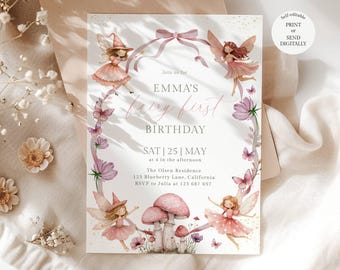 Editable Fairy First Birthday Invitation, 1st Birthday Girl Invite, Whimsical Fairy Garden Party, Canva Template