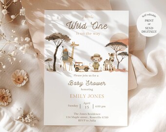 A little wild one is on the Way Safari baby shower invitation, Jungle Theme Boy Shower, Editable Canva Template