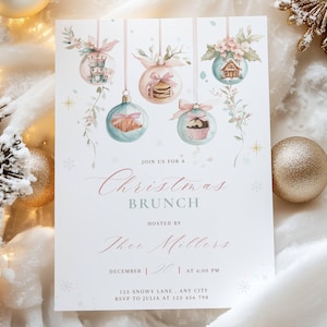 K&ouml;nnte beinhalten: Eine Einladung zum Weihnachtsbrunch mit Aquarellillustrationen von Weihnachtskugeln, jede mit einem anderen festlichen Design. Die Einladung enth&auml;lt den Text "Christmas Brunch" und Veranstaltungsdetails.