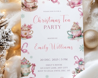 Editable Christmas Tea Party Invitation Template, Pink Holiday Tea Party Invite, Digital Download