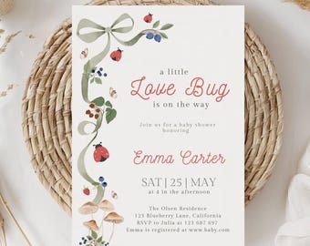 A little love bug is on the way baby shower invitation, Editable love bug baby shower invite template, digital download