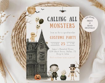 Calling All Monsters Kids Halloween Party Invitation, Editable Halloween birthday party invite, Kids Halloween Costume Party  template