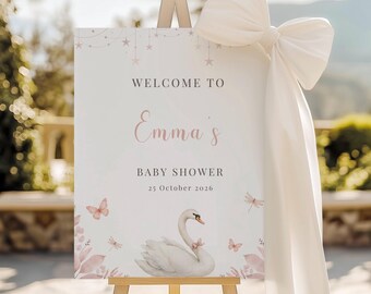 Swan Baby Shower Welcome Sign, Editable Pink Swan Theme Decor, Canva Template