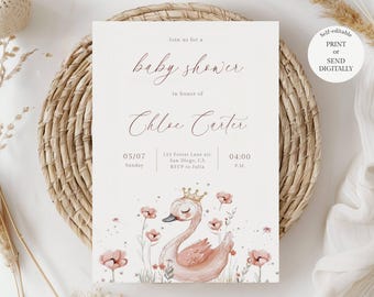 Editable Swan Princess Baby Shower Invitation, Pink Floral Swan Invite, Instant Download