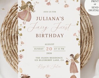 Editable Fairy first birthday invitation, Boho Floral 1st Birthday Girl Invite, Woodland Fairy Party Theme Template