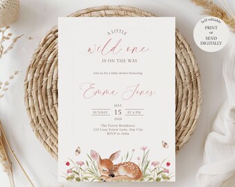 A little wild one baby shower invitation, Editable Woodland Deer invite, Digital download