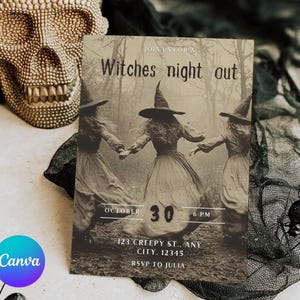 May include: A sepia-toned Halloween invitation with the text "Witches night out." The invitation features three figures in witch costumes holding hands in a forest. The date is October 30th at 6 PM, with an address and RSVP information.