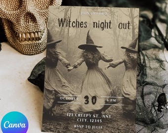 Könnte beinhalten: Eine sepiafarbene Halloween-Einladung mit dem Text "Witches night out". Die Einladung zeigt drei Hexen, die sich in einem Wald an den Händen halten. Das Datum ist der 30. Oktober um 18 Uhr, mit Adresse und RSVP-Informationen.