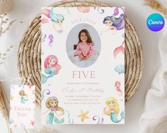 Editable Dive into Five Mermaid Birthday Invitation Template 5th Birthday Invite Girl Digital Download