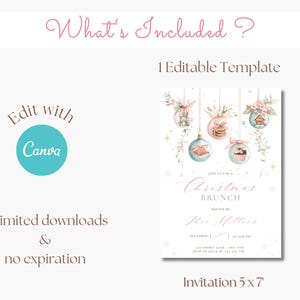K&ouml;nnte beinhalten: Digitale Weihnachtsbuffet-Einladungsvorlage, 12,7 x 17,8 cm, mit Aquarellornamenten und Text. Enth&auml;lt den Text "What's Included?" und "Edit with Canva". Unbegrenzte Downloads und kein Ablaufdatum.