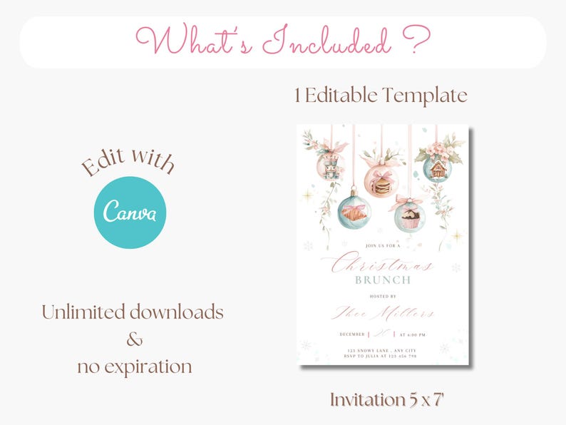 K&ouml;nnte beinhalten: Digitale Weihnachtsbuffet-Einladungsvorlage, 12,7 x 17,8 cm, mit Aquarellornamenten und Text. Enth&auml;lt den Text "What's Included?" und "Edit with Canva". Unbegrenzte Downloads und kein Ablaufdatum.