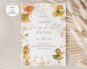 Fairy First Birthday Invitation, First Birthday Invitation Girl, Fairy Garden Party Invite, Fairy 1st Birthday, Editable Template