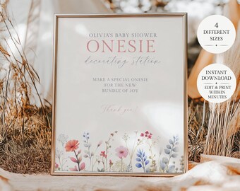 Onesie Decorating Station Sign, Wildflower Baby Shower Game, Girl Shower Activity (Instant Download)
