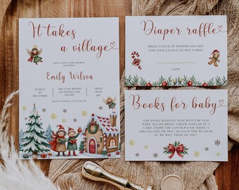 Op de afbeelding: Babydouche-uitnodigingsset met een winterdorpthema. De set bevat een uitnodiging, een luierloterijkaart en een boekenverzoekkaart. Een gouden lakzegel en stempel zijn ook inbegrepen.