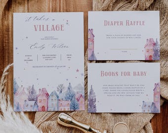 Op de afbeelding: Babyshower uitnodigingsset met aquarel dorpsillustratie. Bevat uitnodiging, luier verloting en boeken voor baby kaarten. Voorzien van een gouden lakzegel en stempel op een houten dienblad.