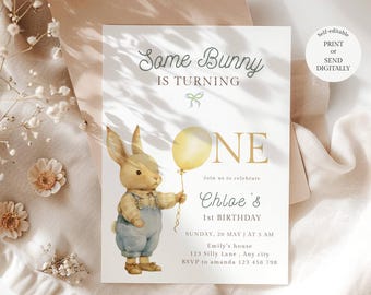 Some Bunny is One Invitation, Vintage Bunny 1st Birthday Invite, Editable Digital Download
