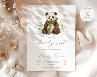 We can bearly wait baby shower invitation, Editable Panda Bear Invite, Gender Neutral, Digital Download